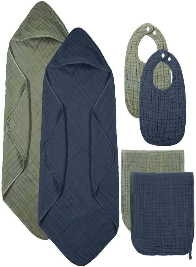 Hahafelt 6 Pcs Muslin Hooded Bath Towels Washcloths and Bibs Set, Muslin Cotton Baby Towels Absorbent Hooded Blanket Towel Infant Bibs for Boys Girls Newborn Infant Essential(Blue, Green) - Image 1